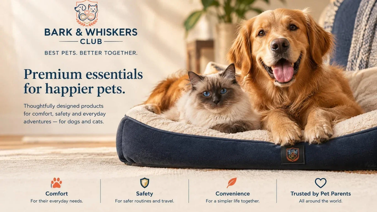 Golden Retriever and Siamese cat resting together in a plush blue pet bed.